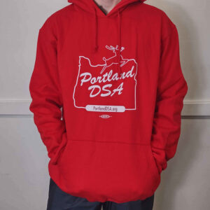 red hoodie with "Portland DSA" inside the White Stag sign